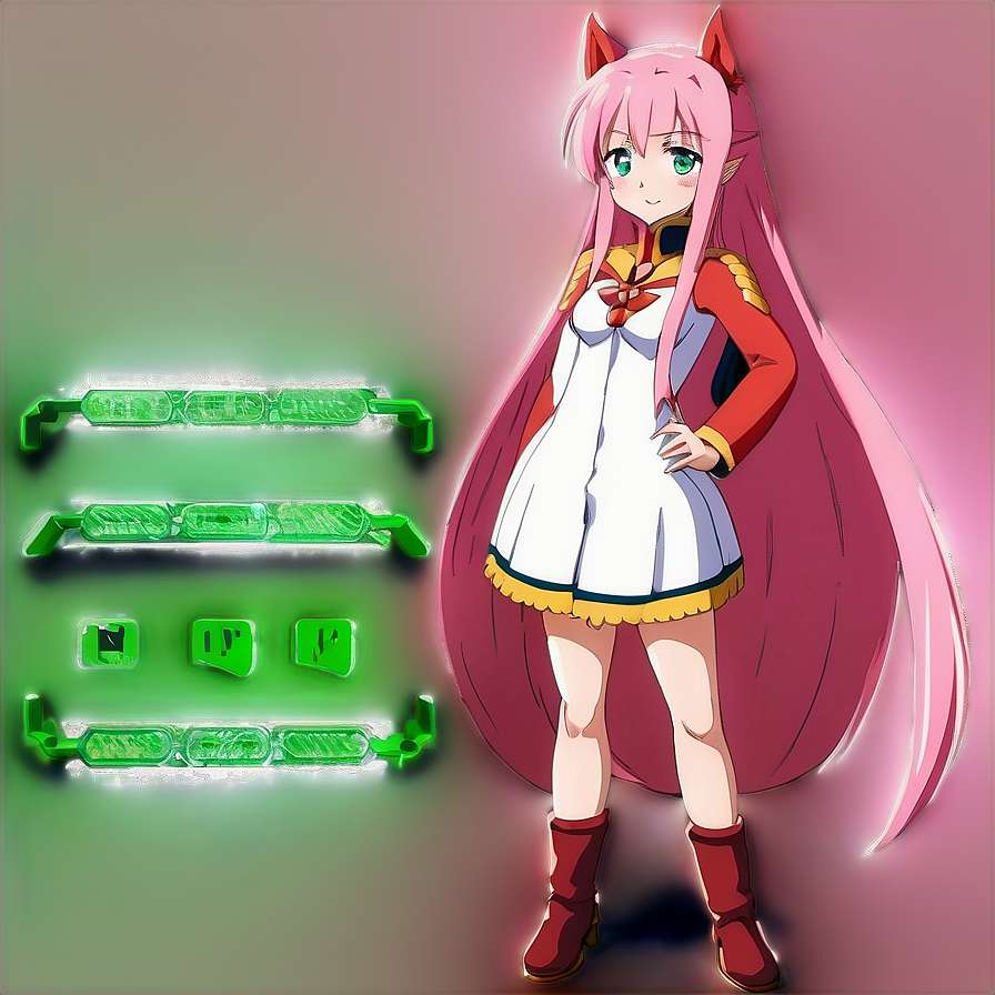 Anime girl with pink hair and cat ears beside glowing green tech panels. — Zero Two PNG