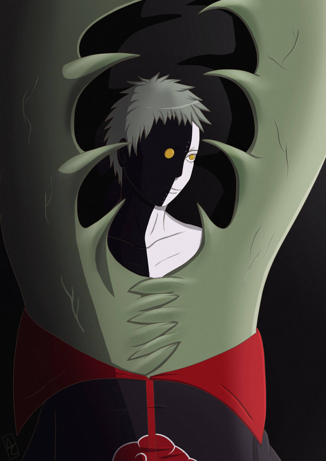 Anime character with half black half white face and yellow eyes peeking through torn green cloak. — Zetsu Background