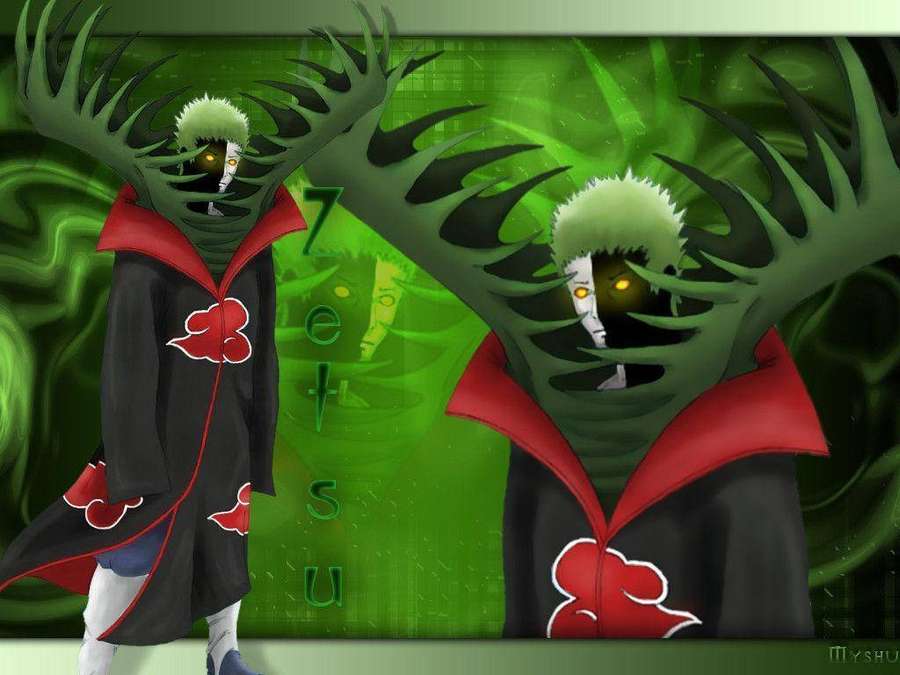 Two anime figures in black cloaks with red clouds glowing eyes and green antlers. — Zetsu Wallpaper