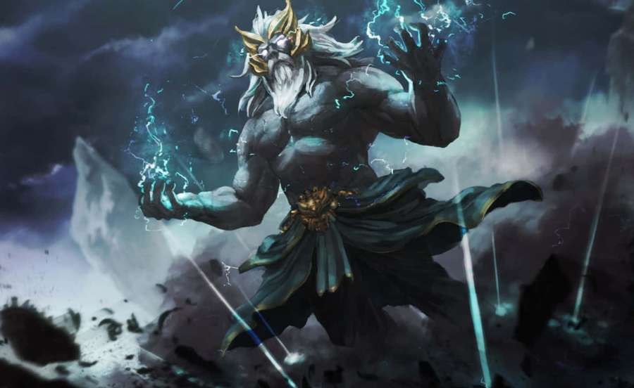 A powerful mythological god with white hair and golden crown controls blue lightning in a storm. — Zeus Background