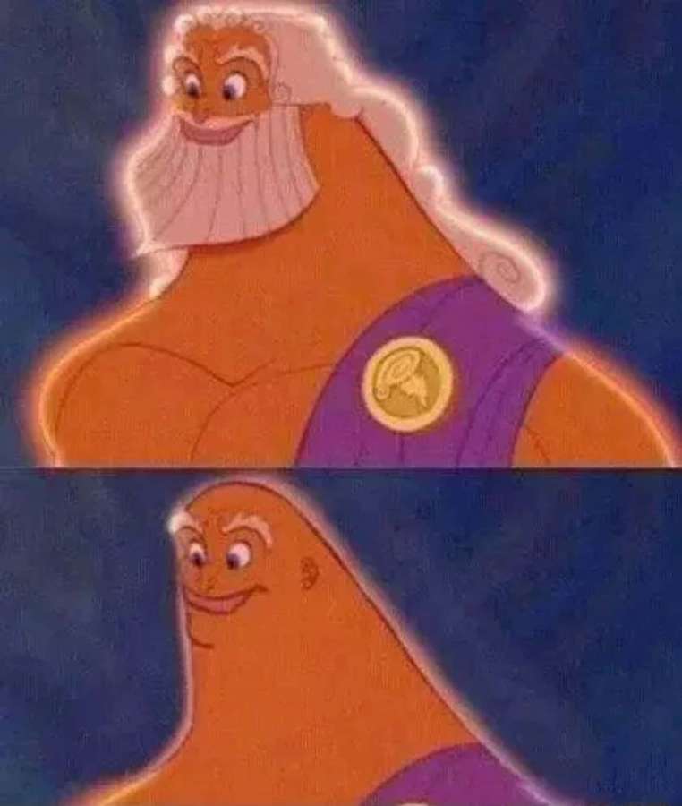 Ein Cartoon-Gott mit weißem Bart und lila Schärpe lächelt warm in einer geteilten Bildschirmansicht. — Zeus Bilder