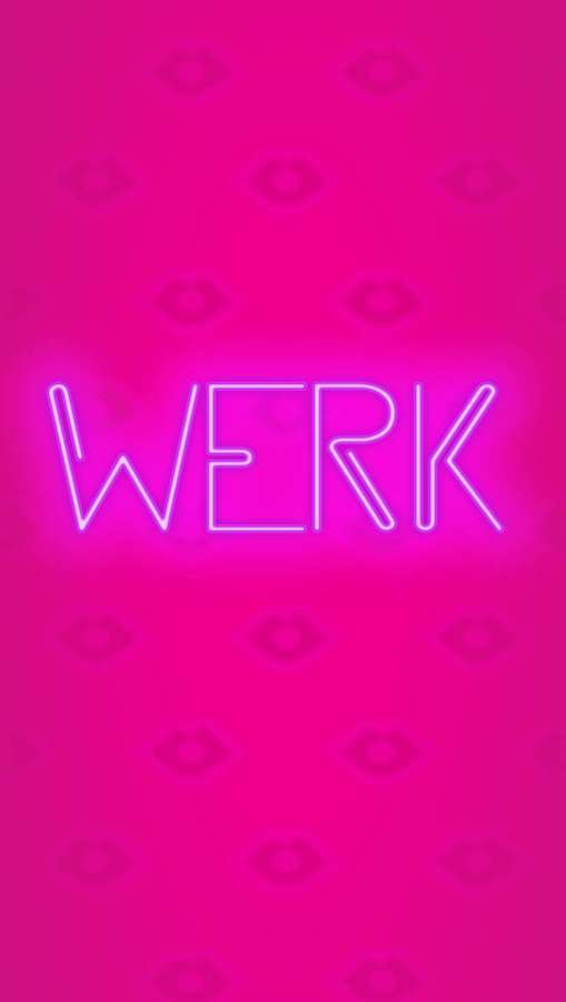 Neonrosa Hintergrund mit leuchtendem weißen Text 'WERK' und schwachen Lippenmustern. — Ziehen Wallpaper