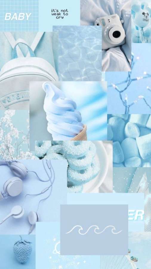 Pastellblaue Collage mit Babyartikeln, Eiscreme und Kopfhörern. — Ziemlich Ästhetisch Wallpaper