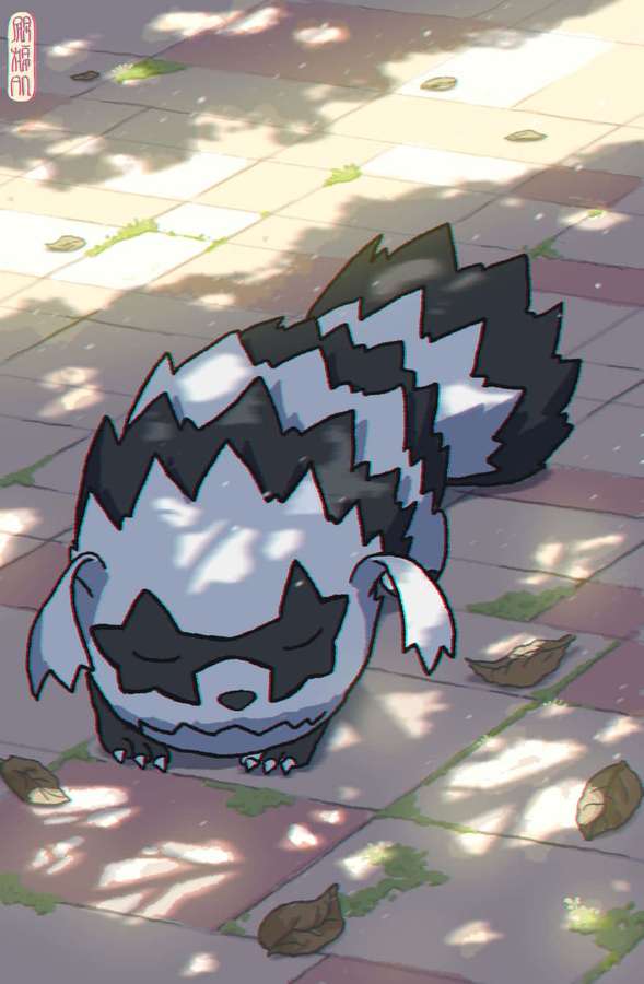 A sleeping anime badger with black and white stripes on a tiled path with fallen leaves. — Zigzagoon Wallpaper