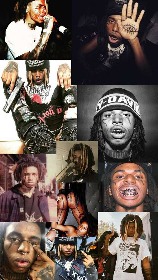 Young Thug collage showing multiple intense portraits with tattoos and street style. — Zillakami Wallpaper