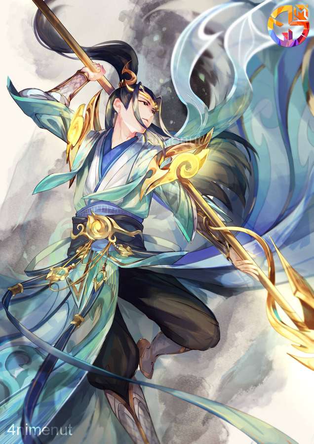 Anime warrior in blue and gold robes wielding a glowing staff in motion. — Zilong Wallpaper
