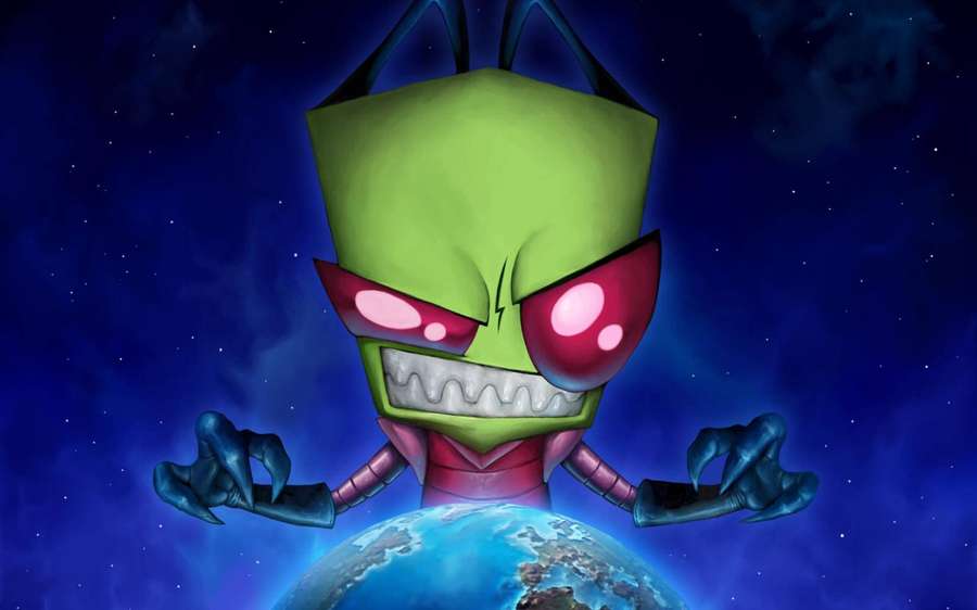 Green alien with red eyes looming over Earth in space. — Zim Background