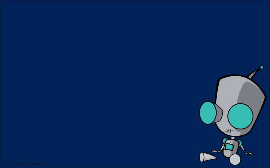Ein kleiner Cartoon-Roboter mit großen türkisen Augen sitzt auf einem dunkelblauen Hintergrund. — Zim Wallpaper
