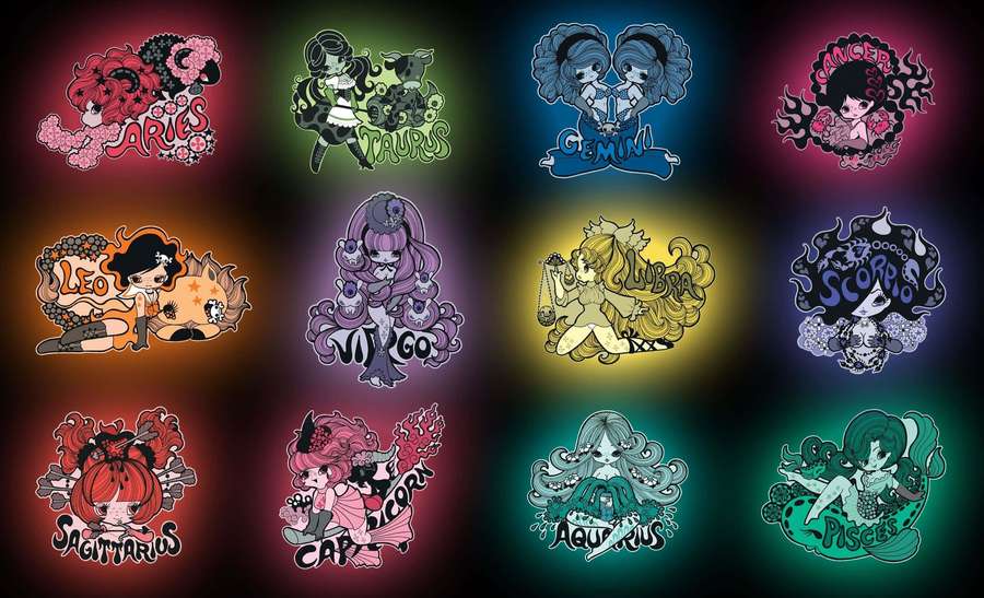 Twelve colorful cartoon zodiac signs each with unique designs and glowing backgrounds. — Zodiac Background