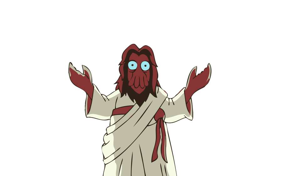 A red-skinned cartoon alien in a white robe with blue eyes and clawed hands gesturing outward. — Zoidberg Background