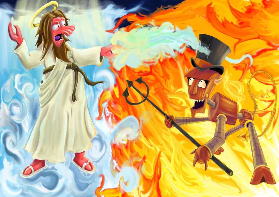 Cartoon angel and robot devil fighting with ice and fire. — Zoidberg Wallpaper