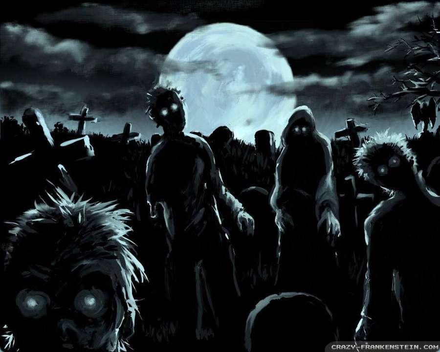 Zombis de ojos brillantes se levantan de un cementerio bajo una luna llena. — Zombie Fondos de pantalla