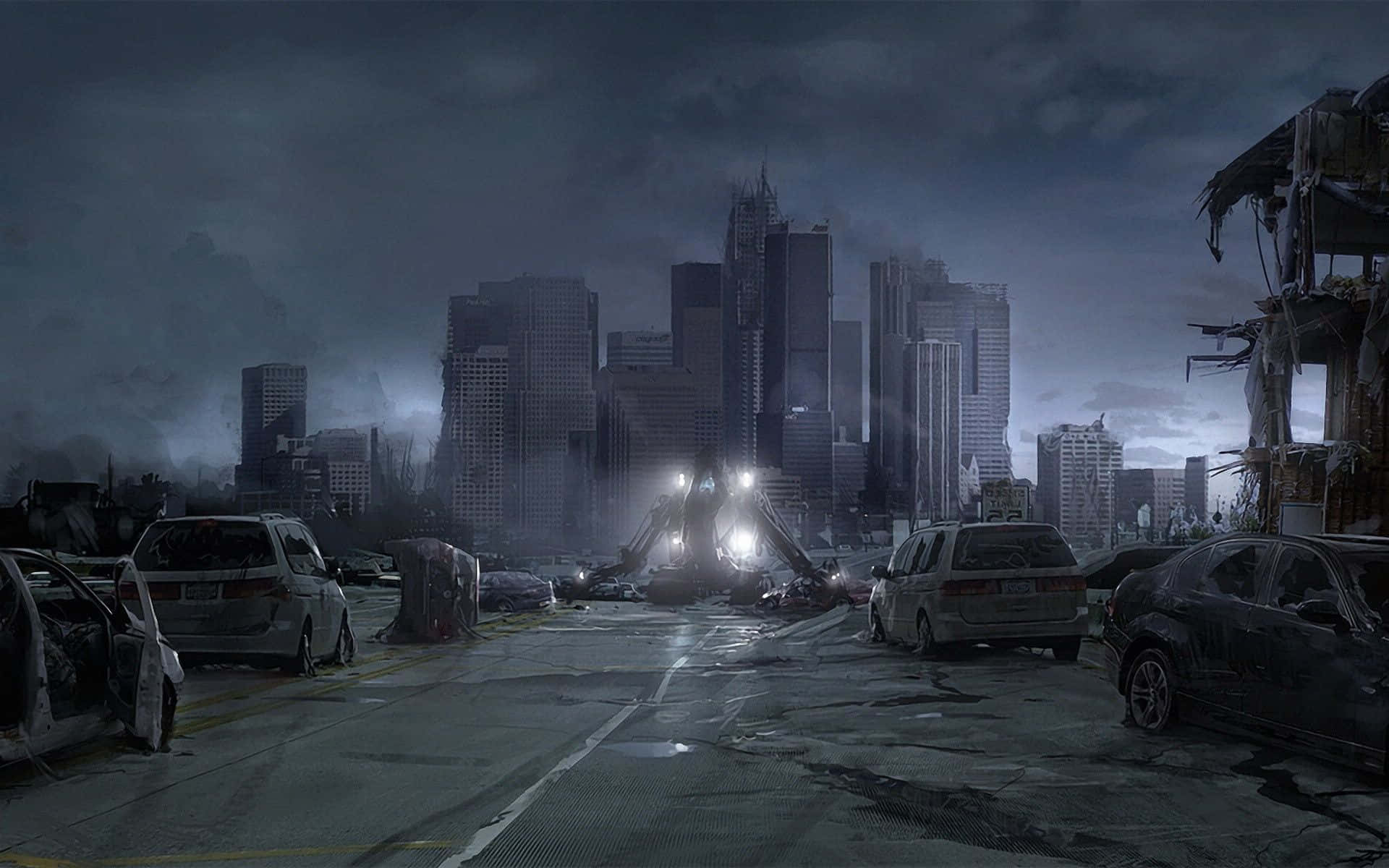 Verlassene Autos und zerstörte Gebäude in einer dunklen futuristischen Stadt unter stürmischen Himmeln. — Zombie apokalypse Wallpaper