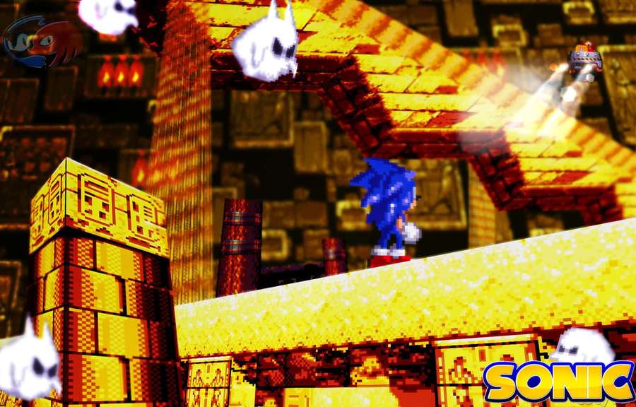 Sonic the Hedgehog corriendo sobre una plataforma dorada en un nivel de juego pixelado con enemigos fantasma. — Zona de Sandopolis de Sonic Fondos de pantalla