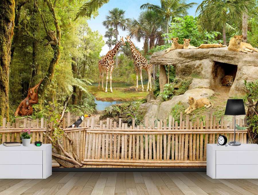 Jungle wallpaper with giraffes lions and orangutans behind bamboo fence in modern room. — Zoo Background