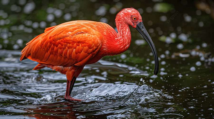 Scarlet ibis standing in shallow water with curved beak touching ripples. — Zoology Wallpaper