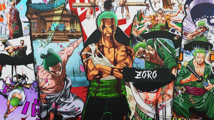Anime character Zoro in various fighting poses with swords and Japanese scenery. — Zoro Background