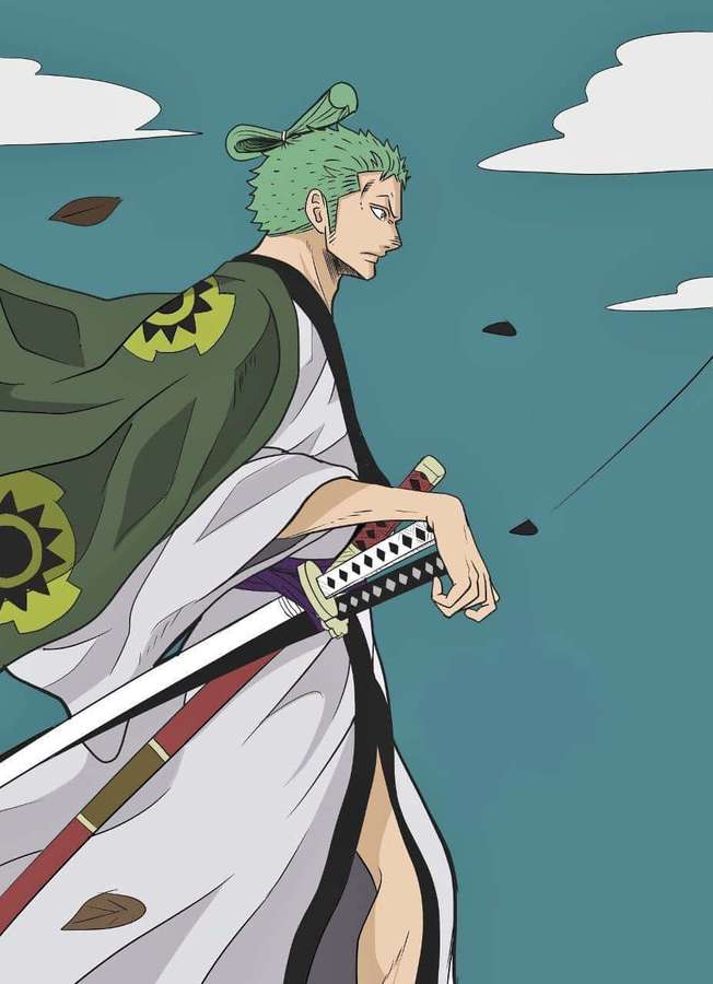 Anime swordsman with green hair holding a katana against a teal sky with falling leaves. — Zoro Wano Wallpaper
