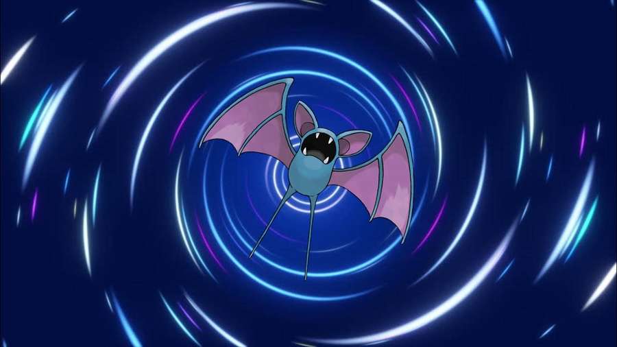 A cartoon bat flying through a glowing tunnel of blue and purple light streaks. — Zubat Wallpaper