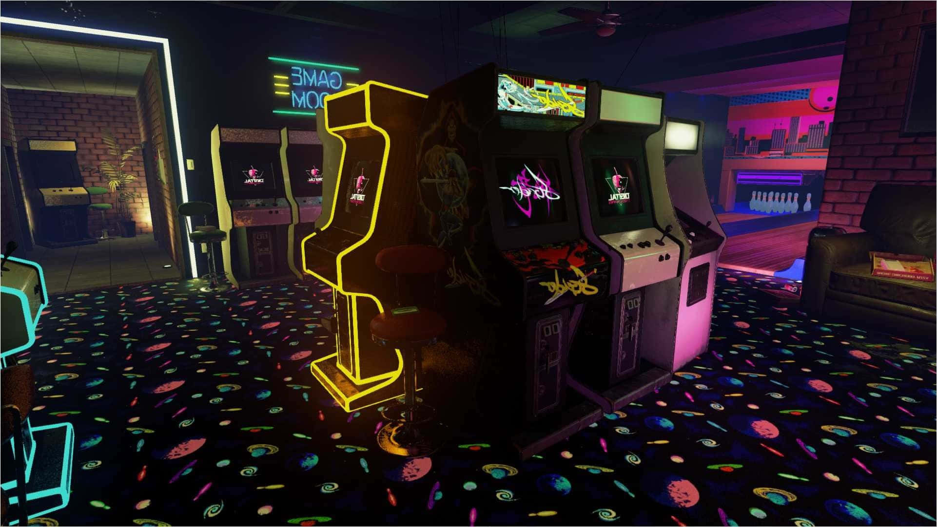 Club games id. Игровой автомат Retro Arcade. Аркадный зал 80х неон. Комната с игровыми автоматами. Аркадный зал.