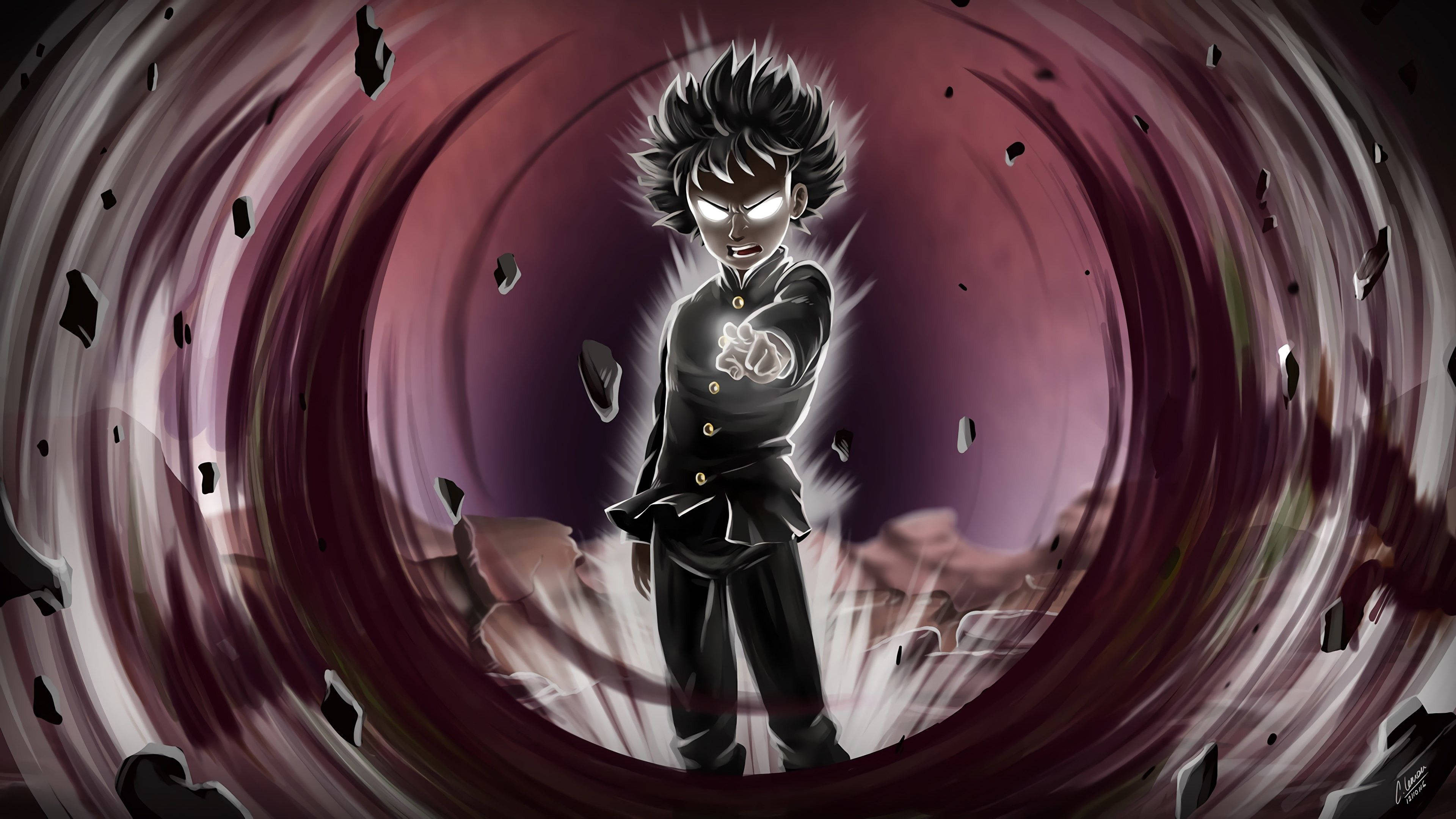 A Black And White Anime Character Standing In A Circular Hole Background