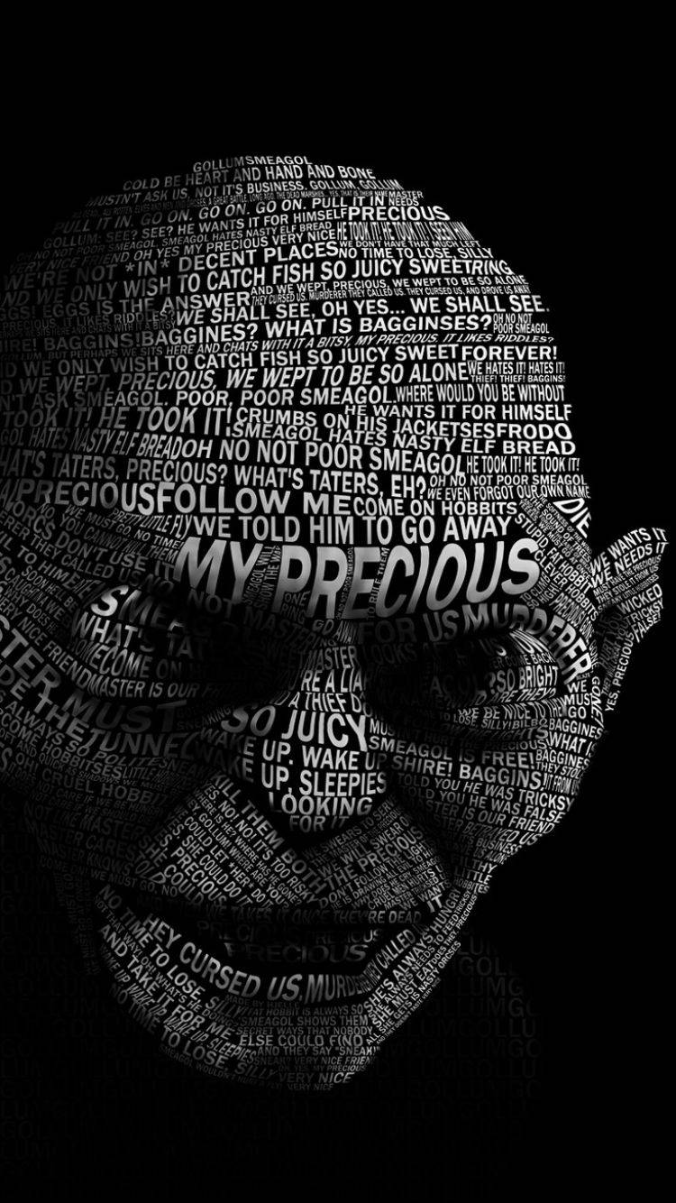 A Black And White Image Of A Dwarves Head With The Words My Precious Background