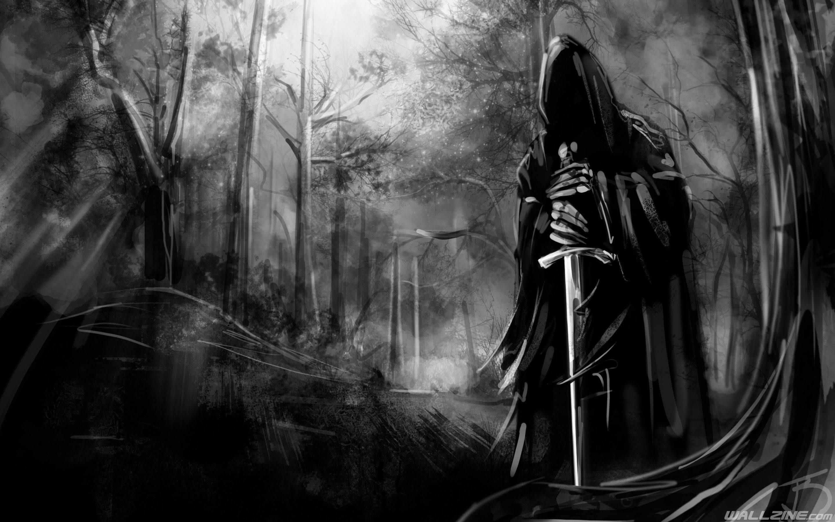 A Black And White Image Of A Grim Reaper In The Woods Background