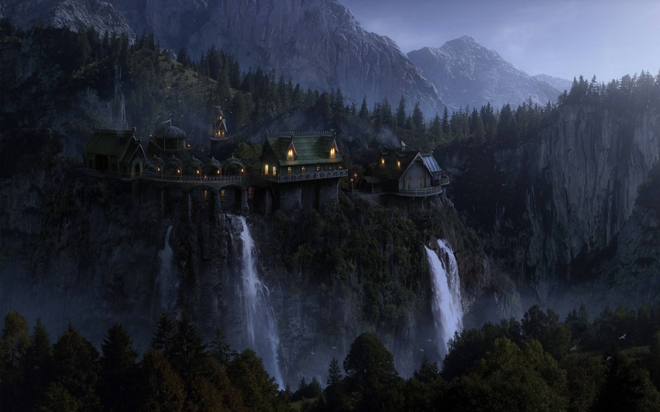 A Castle On Top Of A Waterfall In The Mountains Background