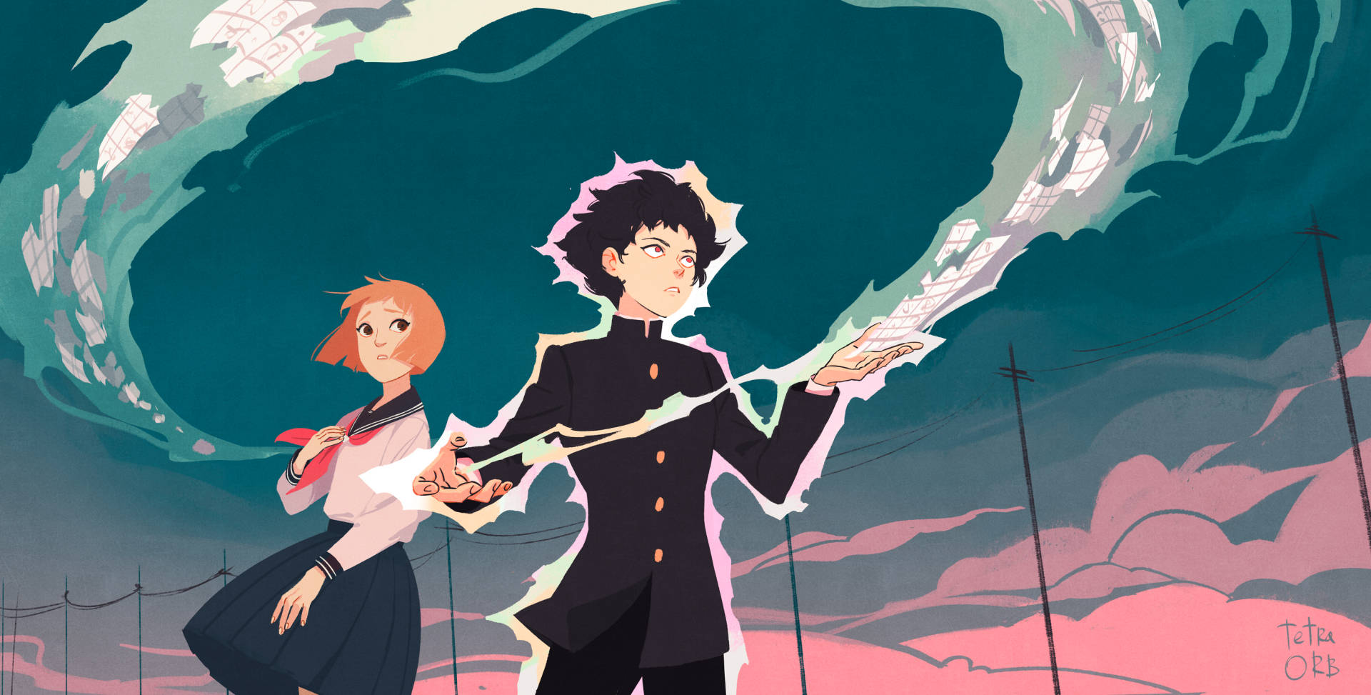 A Couple Of Anime Characters Standing In Front Of A Blue Sky Background