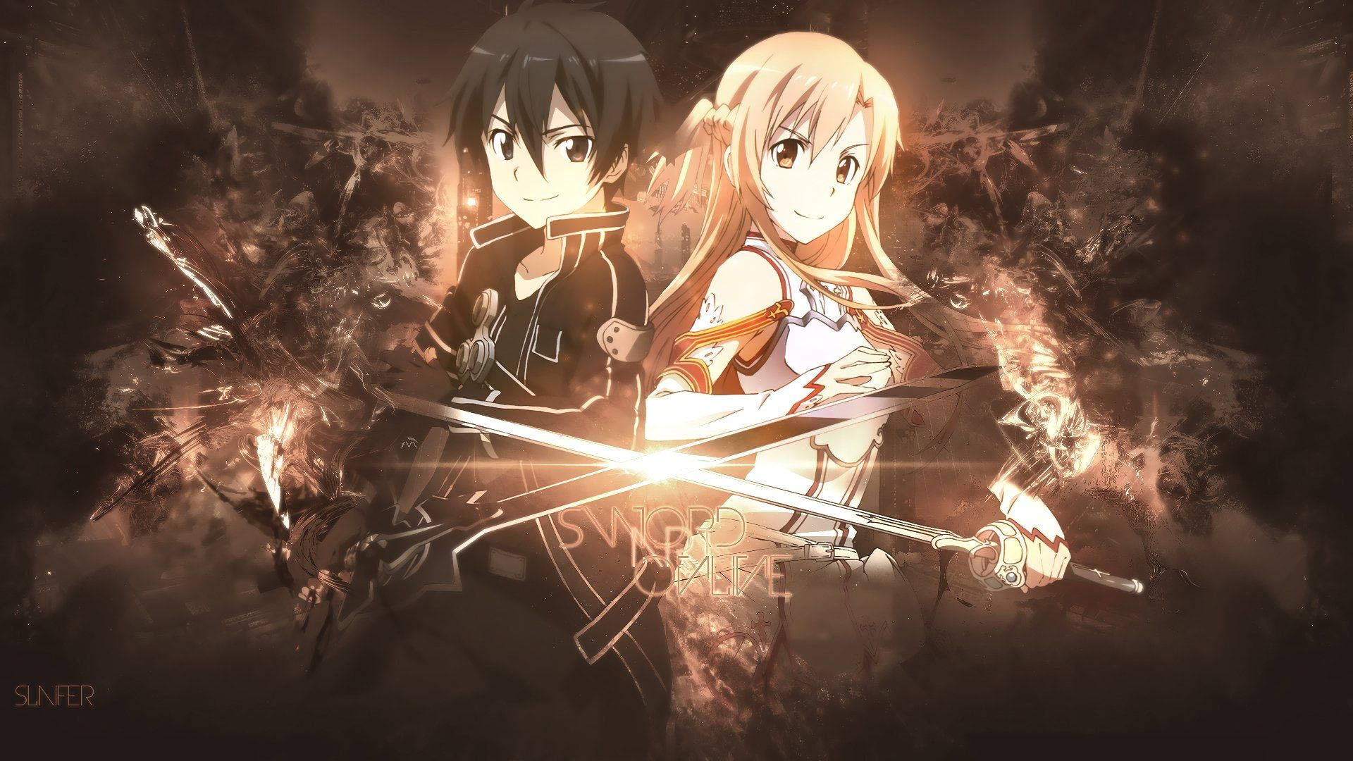 A Couple Of Anime Characters With Swords In Front Of A Dark Background Background