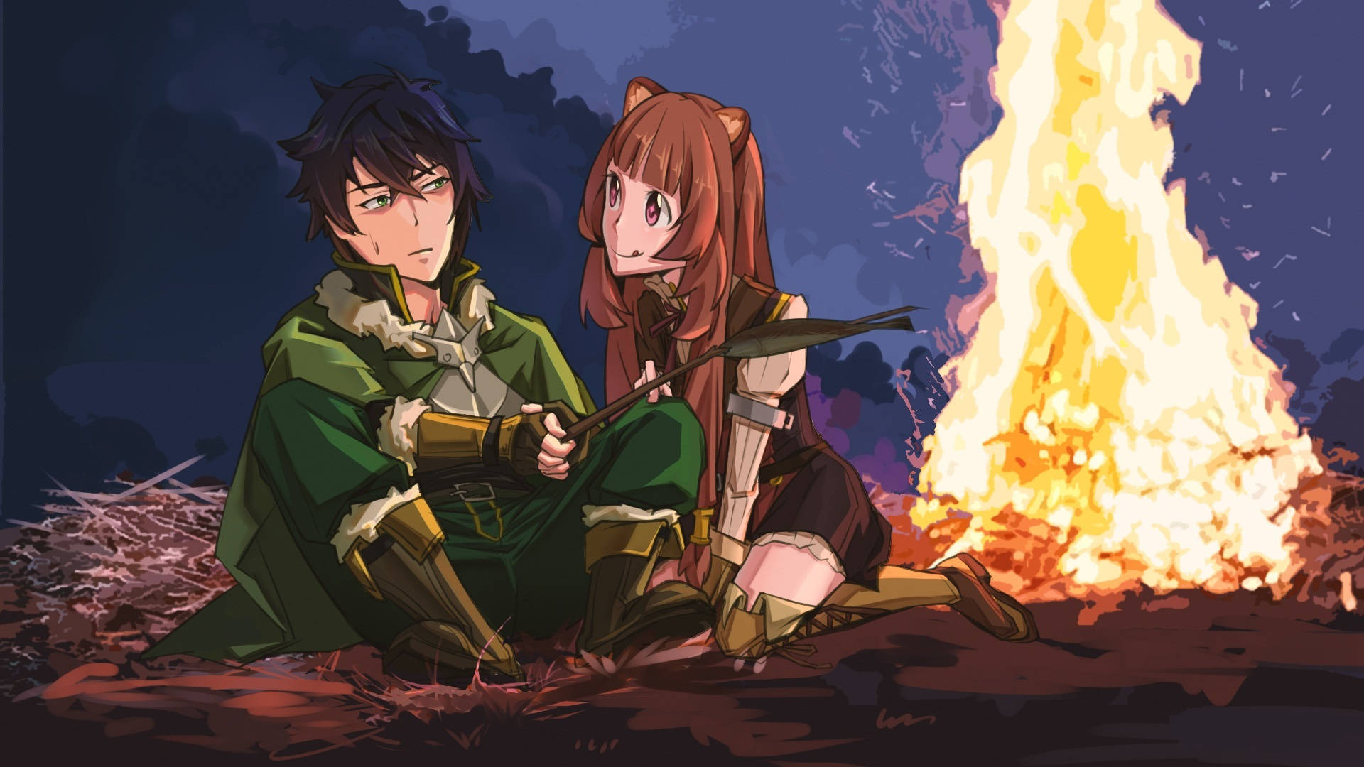 A Couple Sitting Next To A Fire Background