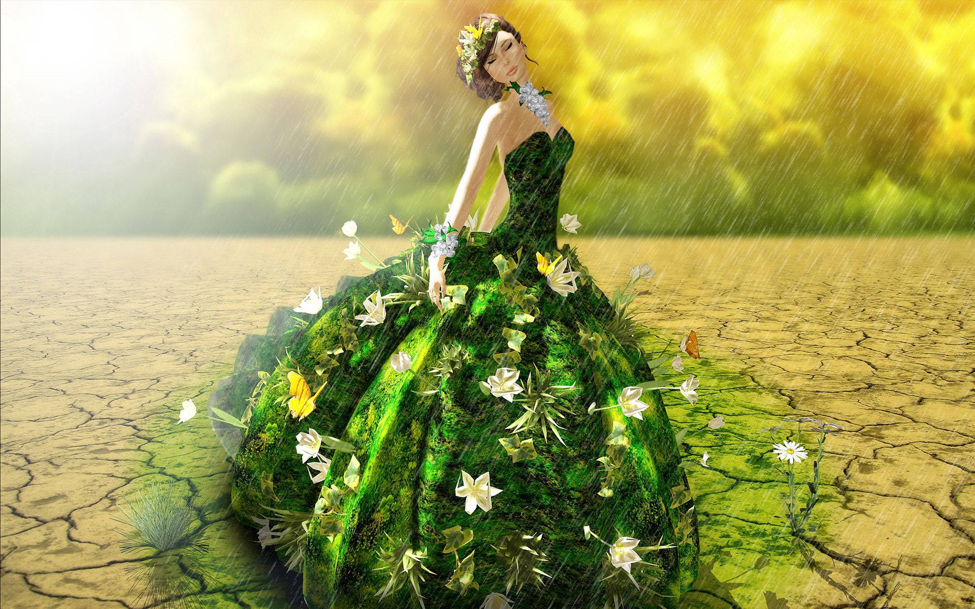 A Fairy Girl Connected To The Earth Background