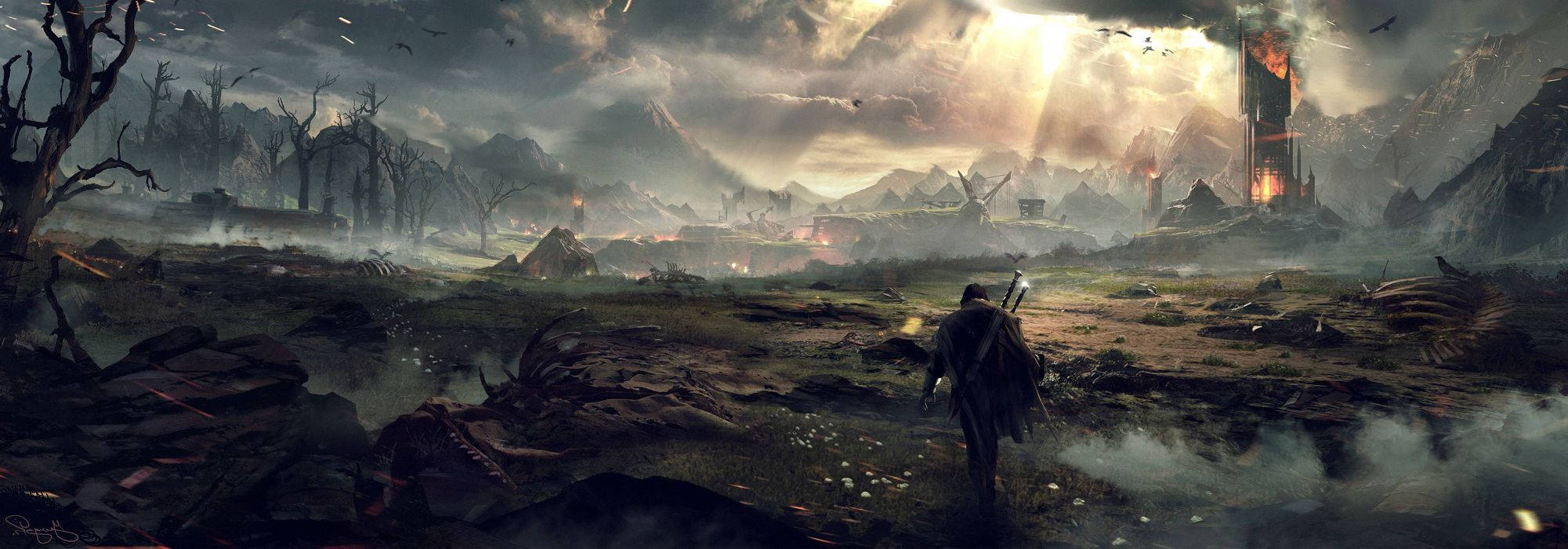 A Fantasy Landscape With A Man Standing In The Middle Of It Background