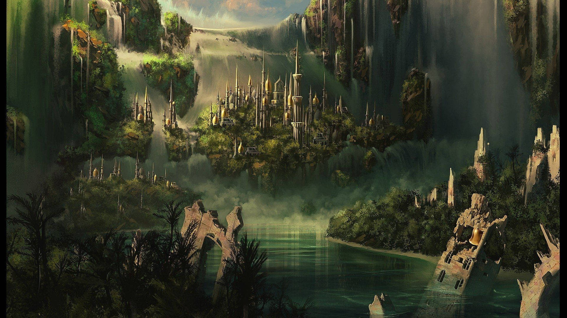A Fantasy Landscape With A Waterfall And Trees Background