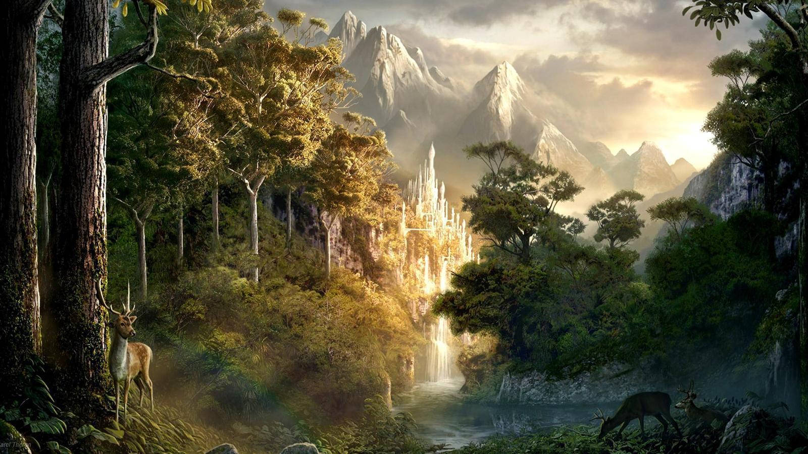 A Fantasy Scene With A Waterfall And Trees Background