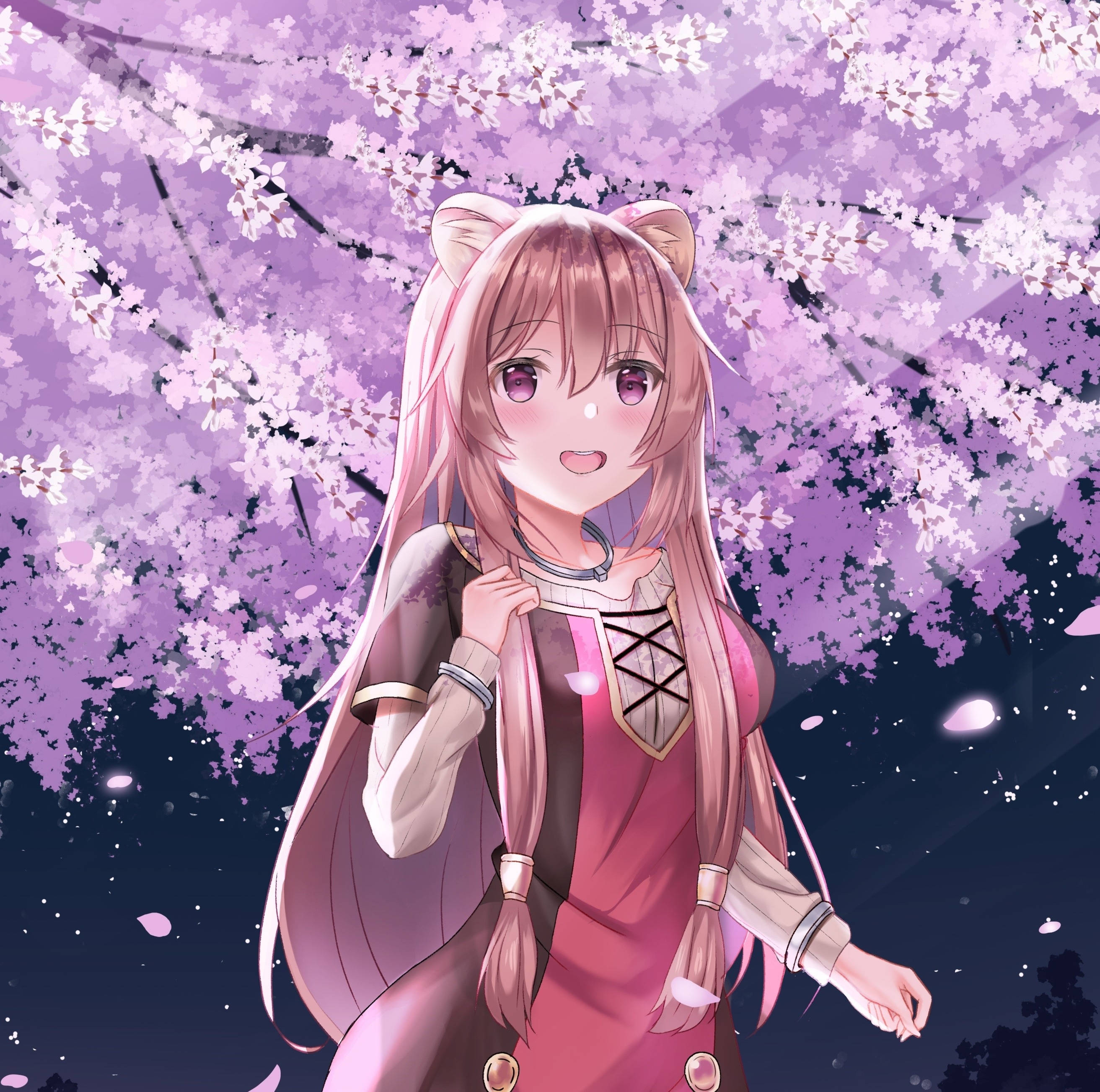 A Girl In Pink Dress Standing Under Cherry Blossoms Background