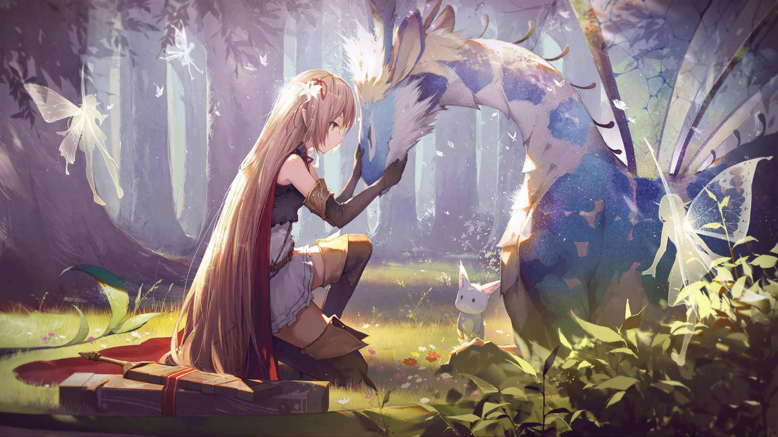 A Girl Is Sitting Next To A Dragon In The Forest Background