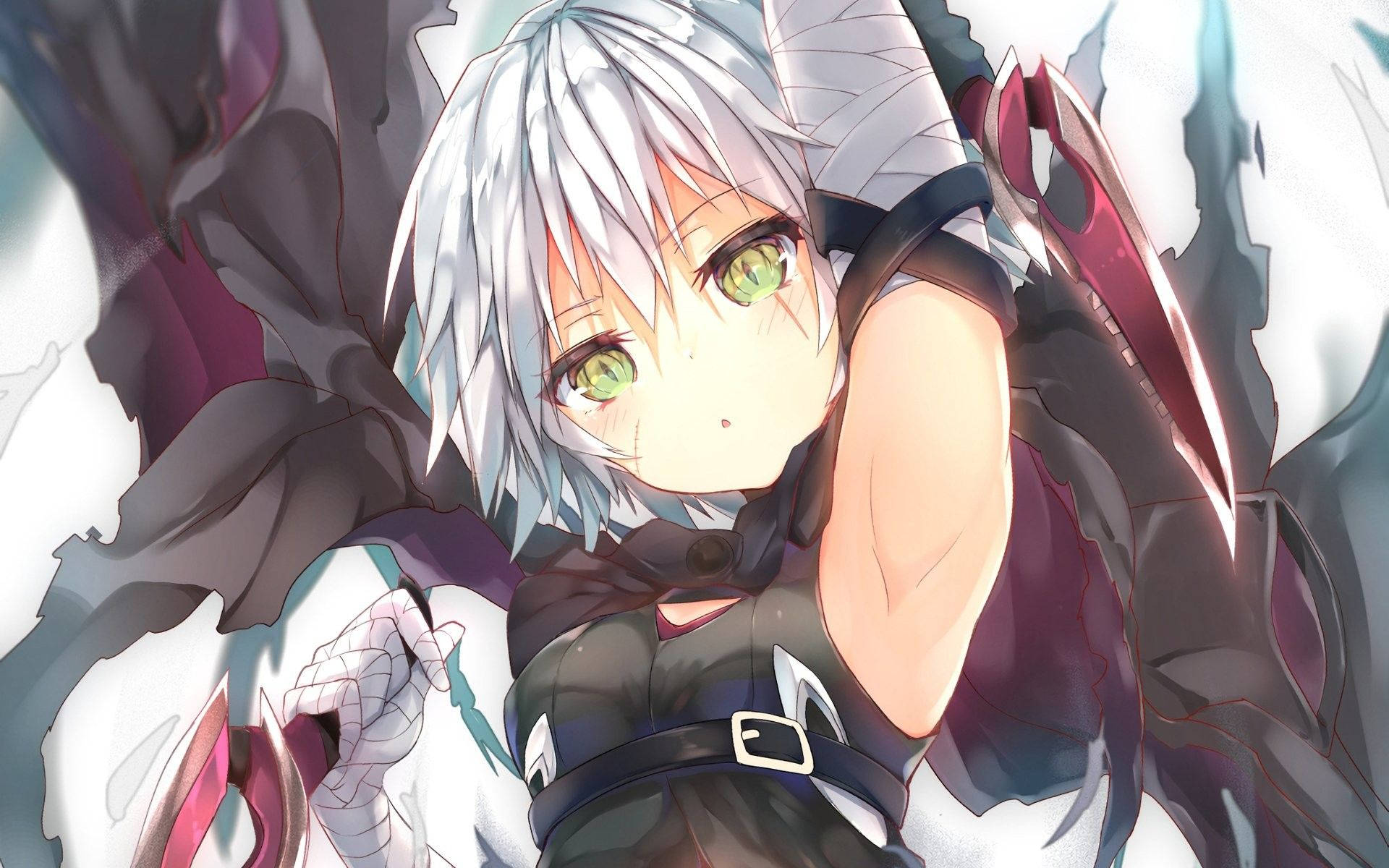A Girl With White Hair And Black Wings Background