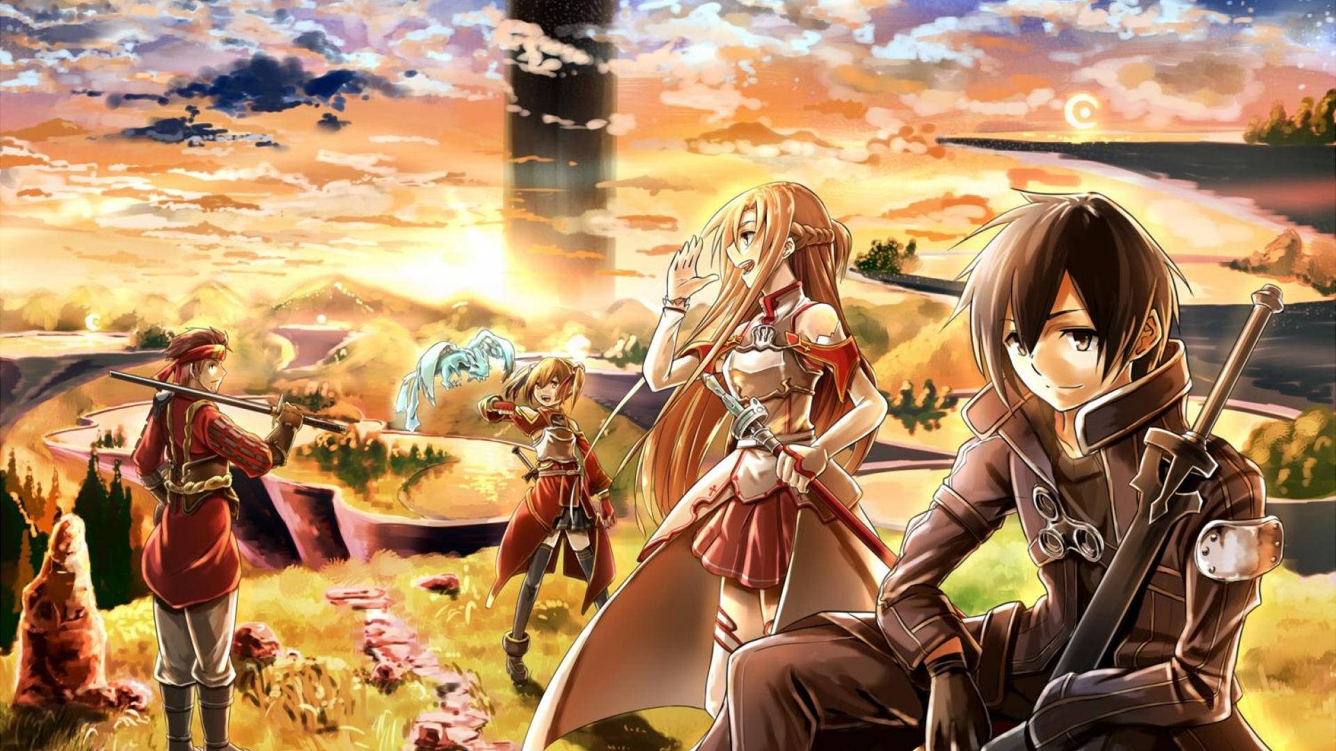 A Group Of Anime Characters Standing In A Field Background