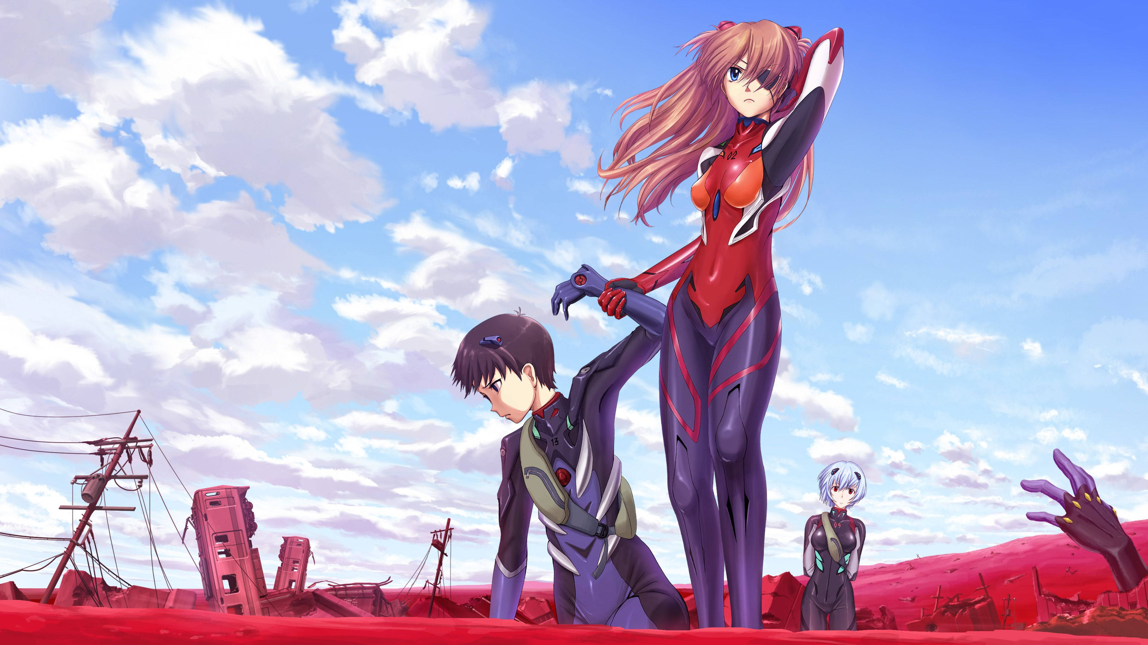 A Group Of Anime Characters Standing On A Red Field Background