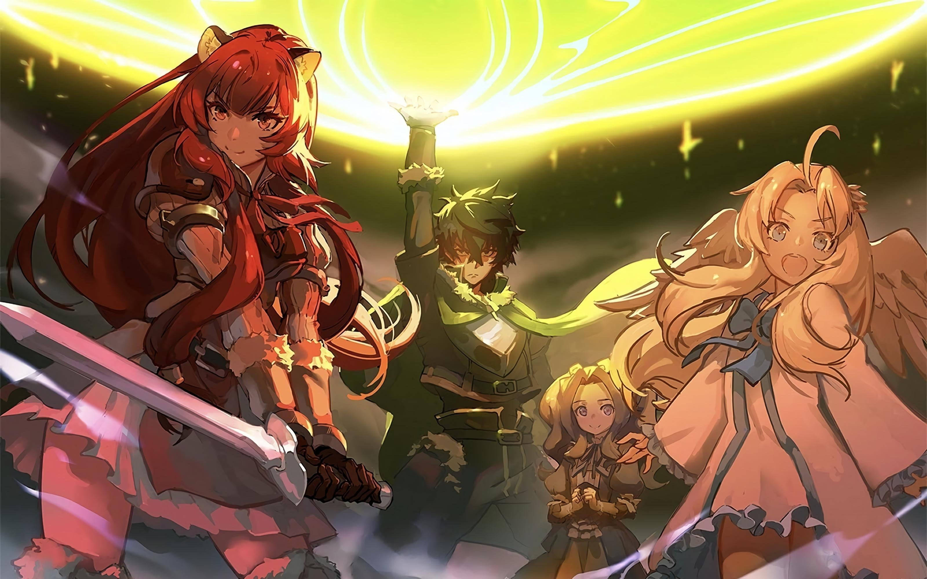A Group Of Anime Characters With Swords And A Green Light Background