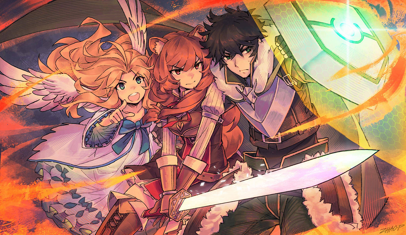 A Group Of Anime Characters With Swords And Wings Background