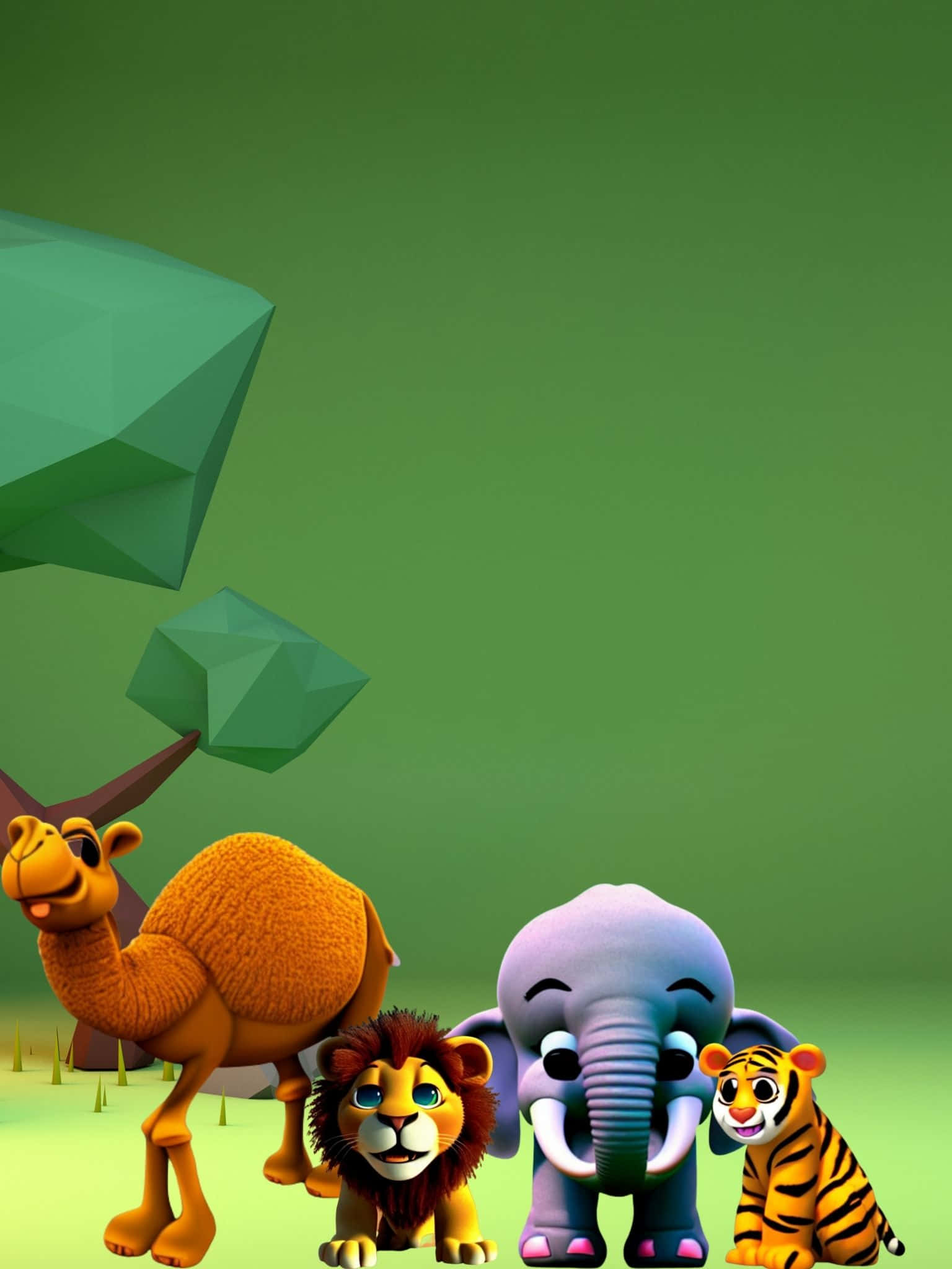 A Group Of Cartoon Animals In A Green Field Background