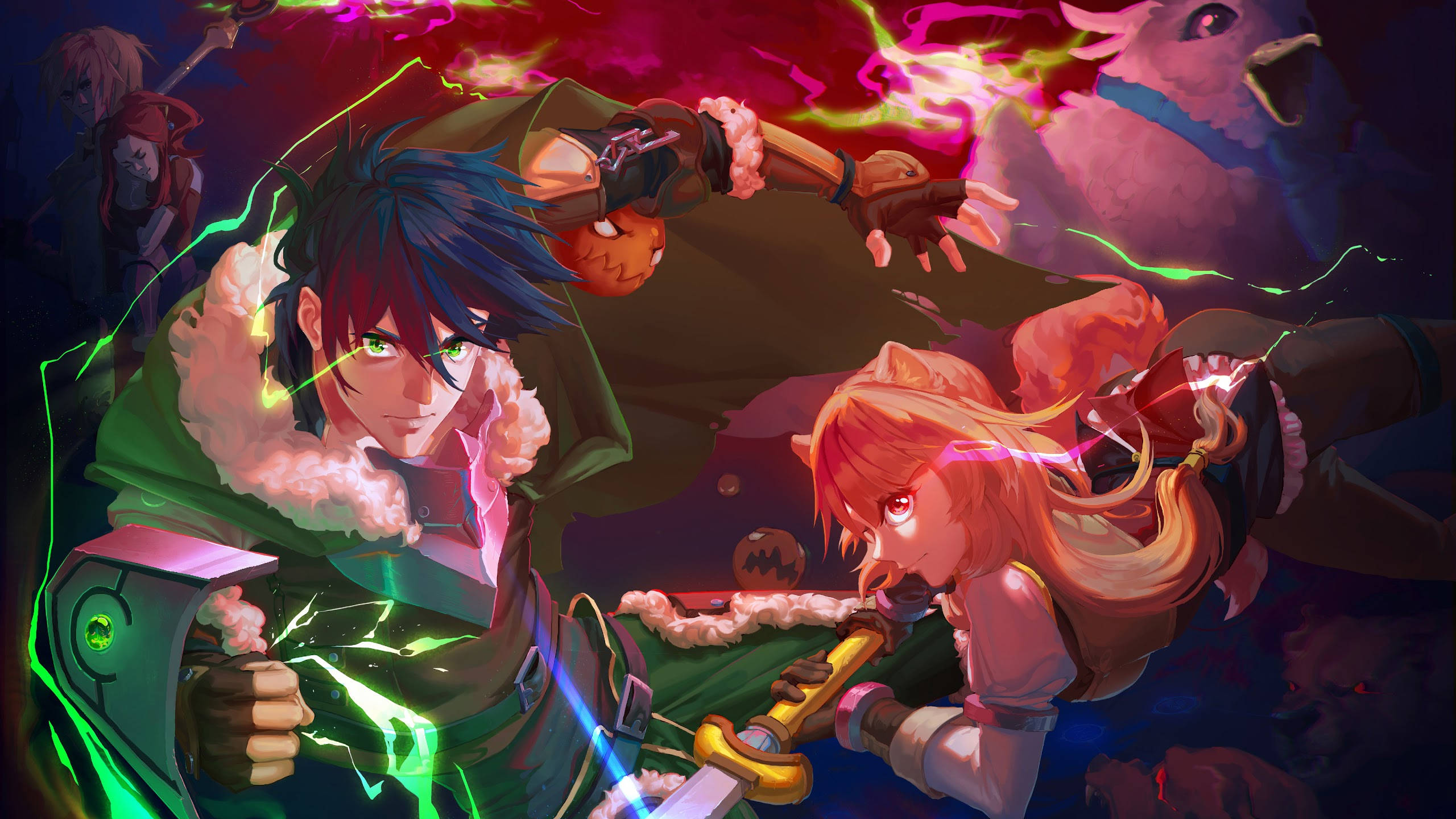 A Group Of Characters With A Sword And A Sword Background