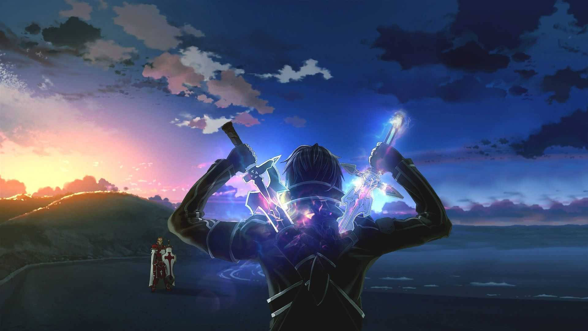 A Man Holding A Sword And Looking At The Sunset Background