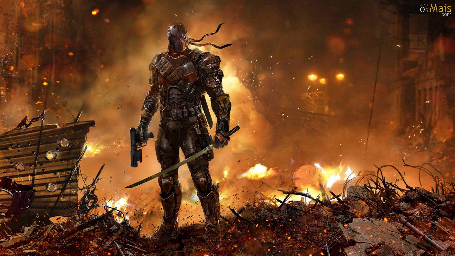 A Man In Armor Standing In A Fire Background