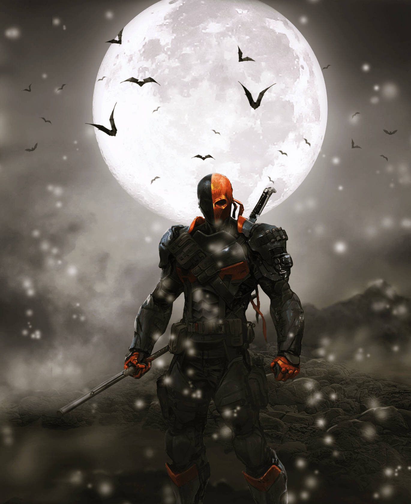 A Man With A Sword Standing In Front Of A Full Moon Background