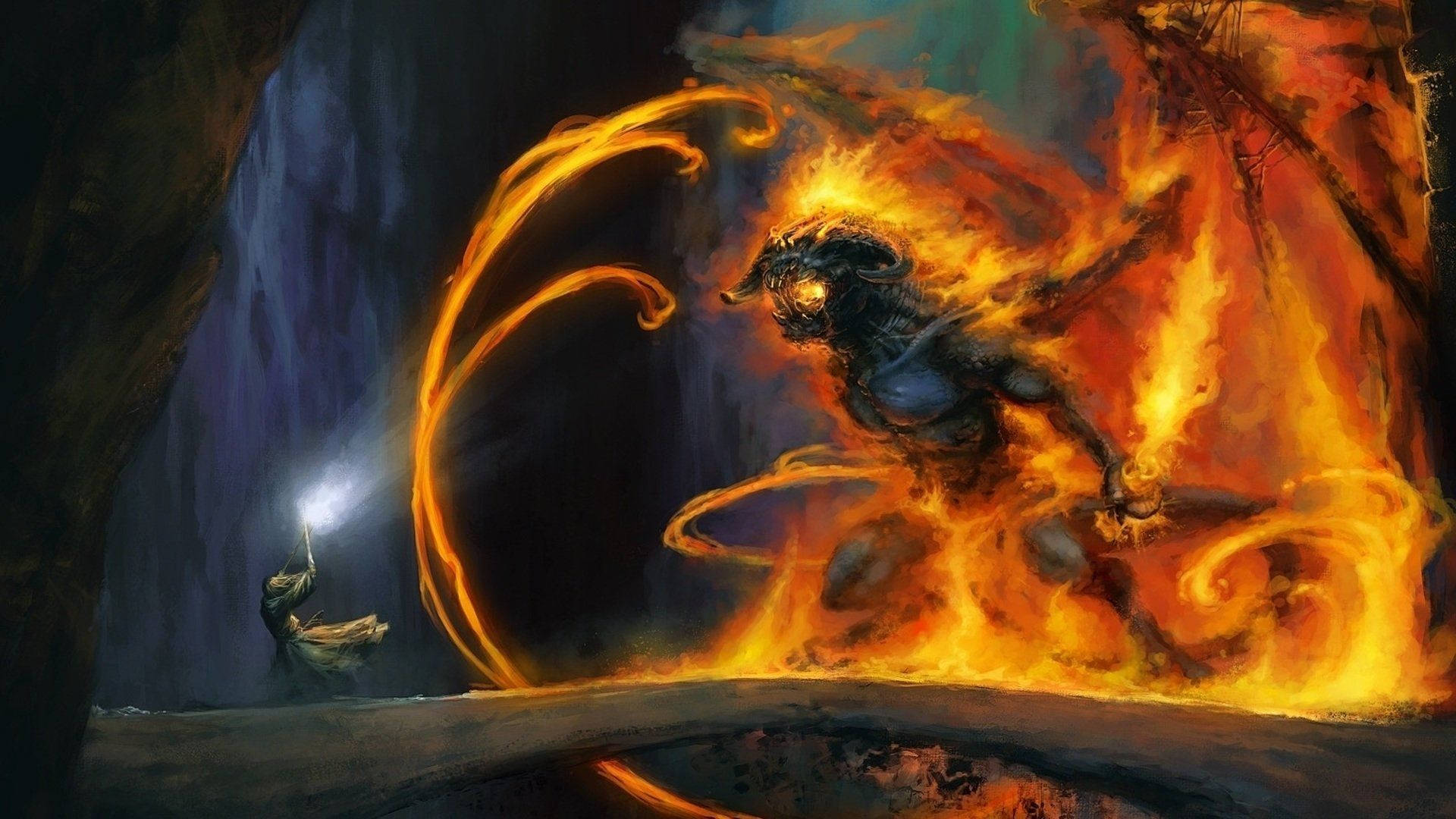 A Painting Of A Demon And A Man In Flames Background