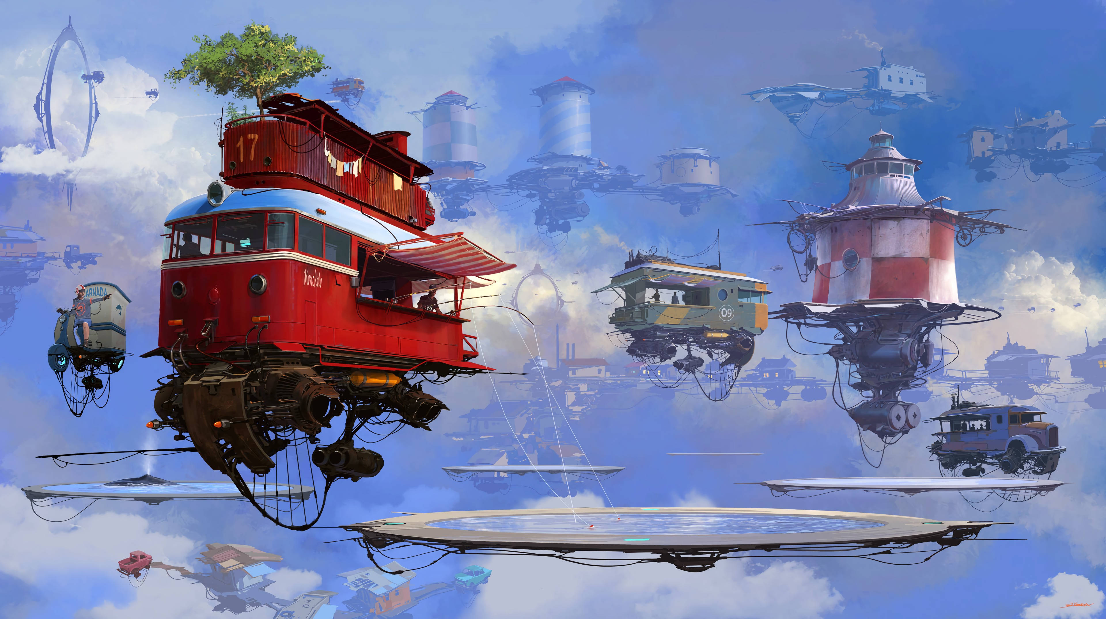 A Painting Of A Train And A House Flying In The Sky Background