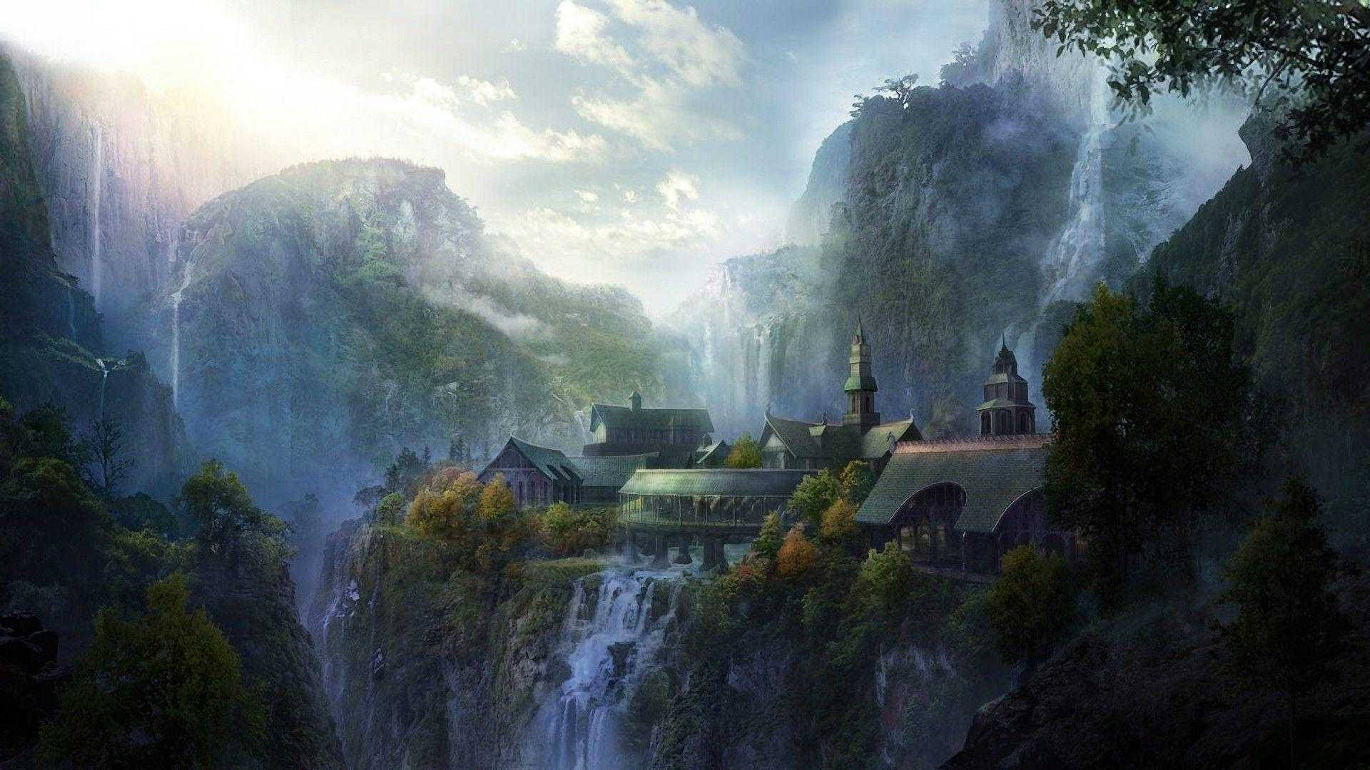 A Painting Of A Waterfall And A Castle Background